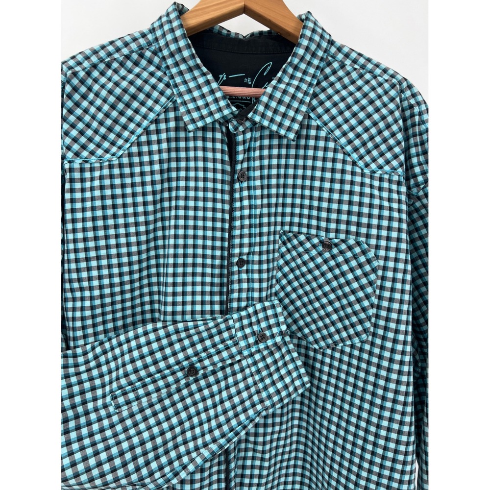 Marc Ecko Cut & Sew Teal Black Gingham Plaid Button Down Shirt Womens 2XL Cotton